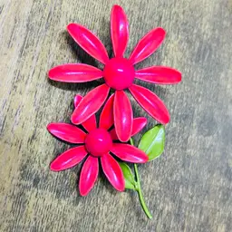 Vintage Double Daisy Red Enamel Brooch Pin 3 1/2 inches Bright Adjustable