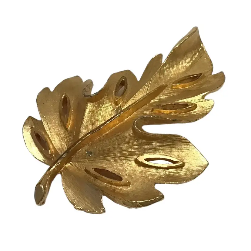 Vintage Brooch BSK Signed Gold Tone Brushed Leaf Pin 2.5" Fall Harvest Autumn