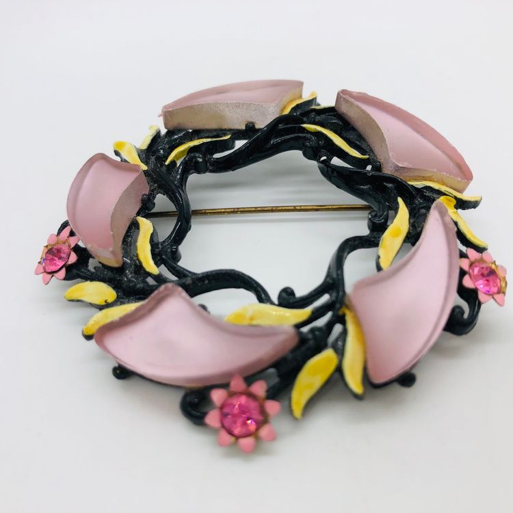 VINTAGE RHINESTONE PINK FLOWER & YELLOW /BLACK ENAMEL BROOCH PIN SET 60’s 