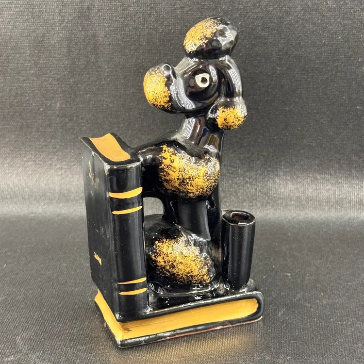Vintage Porcelain Black & Gold Poodle Bookend