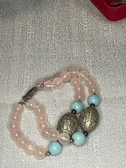 Rose Quartz Garnet Bead Bracelet Silvertone