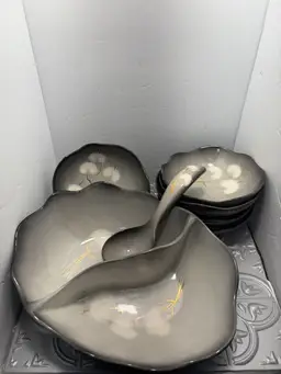 Vintage Sascha Brastoff Ceramic Smoke Tree Black Divided Serving Dish with spoon and 6 serving bowls