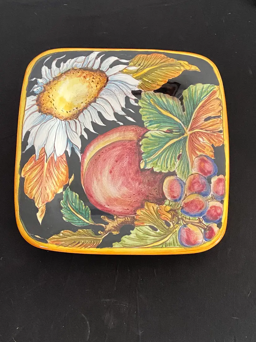 Vtg Hand Painted Italian Ceramic "Fruit on Black" Square Plate by Caramiche Bellocci
