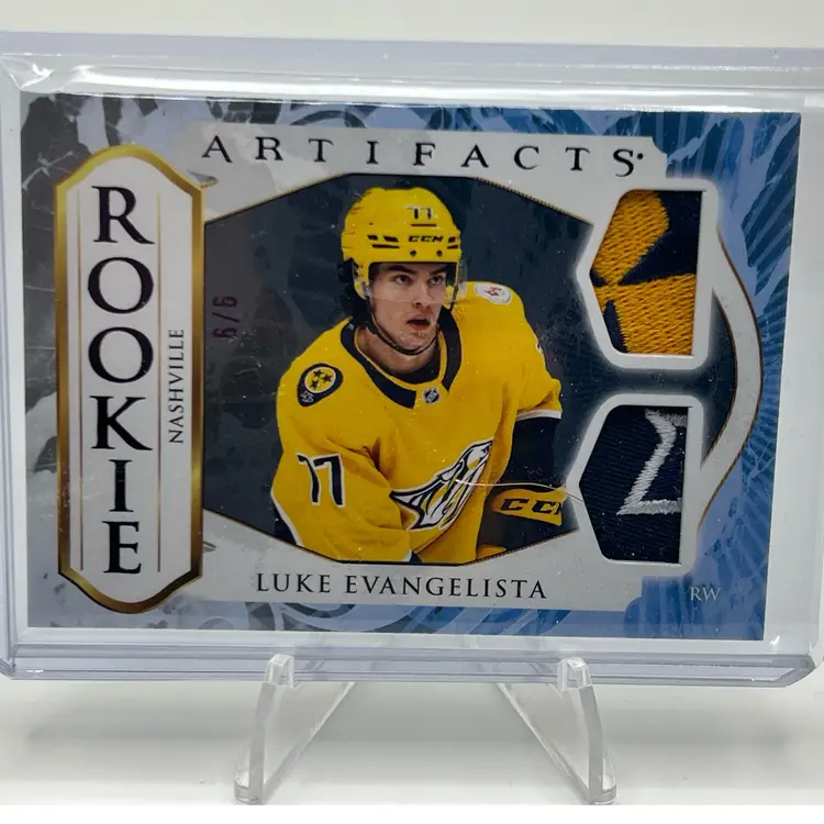 Luke Evangelista 2023-2024 Upper Deck Artifacts Horizontal Material Purple Rookie 5/6 Nashville Predators