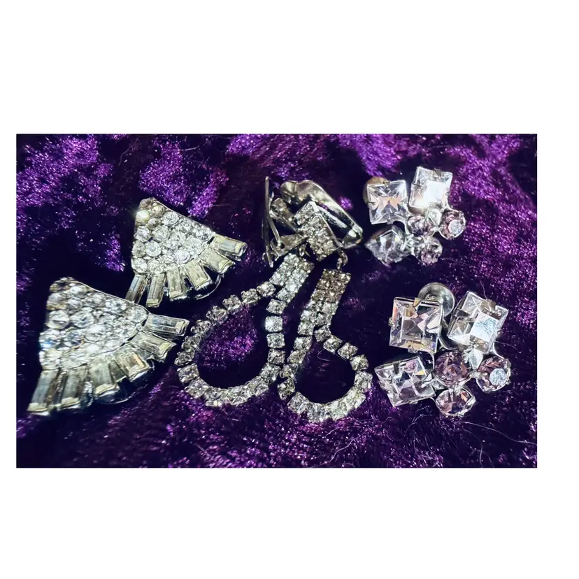 Vintage Lot Of 3 Pair Of Sparkling Clear Rhinestone Clip On & Screw Back Silver Tone Earrings