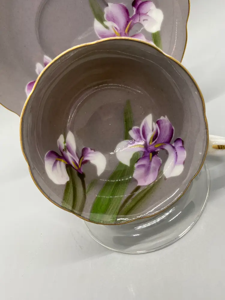 Jyoto China Occupied Japan Handpainted Iris Demitasse Cup and Saucer with Stand