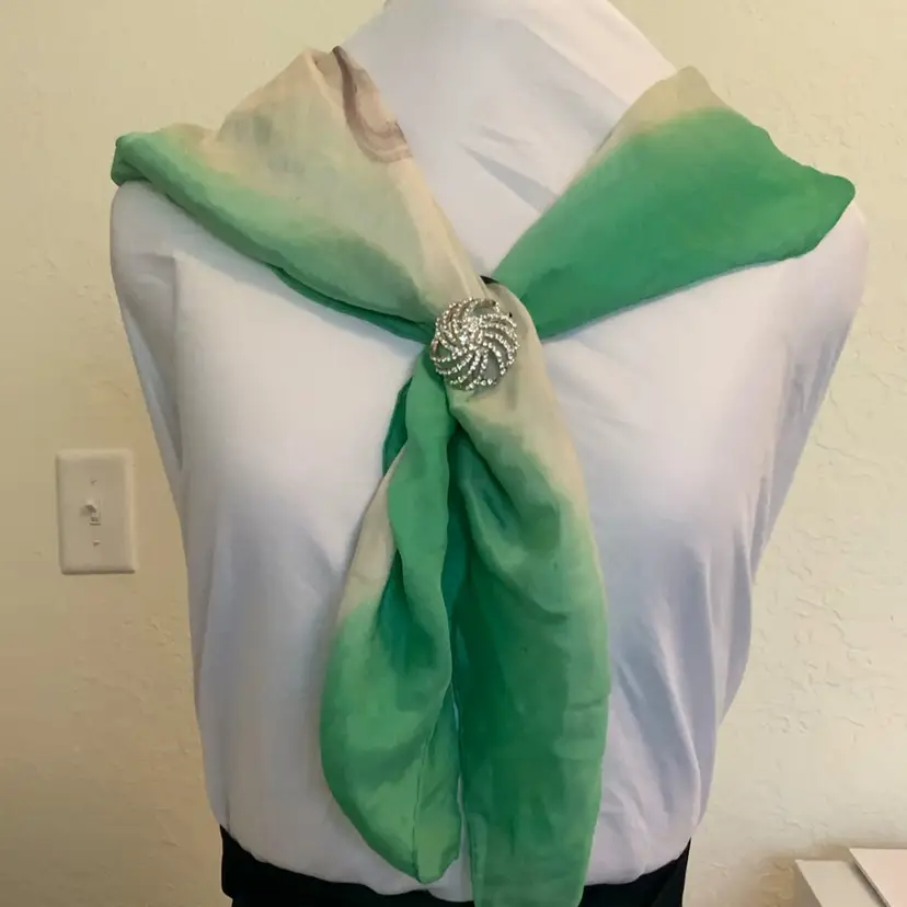 #4 - Fabulous Vintage Asian Hand Painted On Silk  Scarf With Shimmery Scarf Clip Brooch