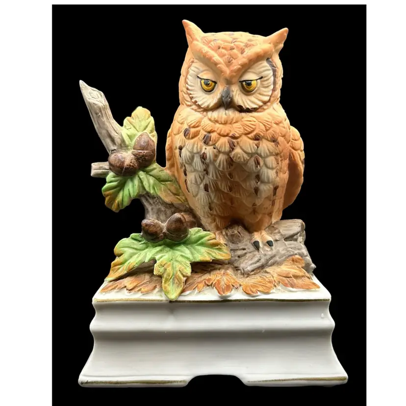 Vintage Owl Music Box Porcelain Figurine By Towle - Plays “Autumn Leaves” 1970s