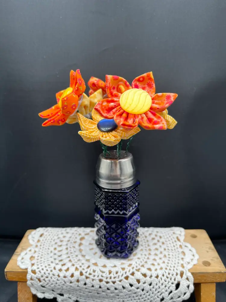 Made By Me Fabric And Vintage Button Flowers In A Cobalt Glass Shaker 7” X 4”