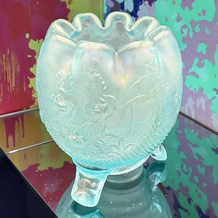 Northwood Ice Blue Fine Cut & Roses Fancy Interior Carnival Glass RoseBowl