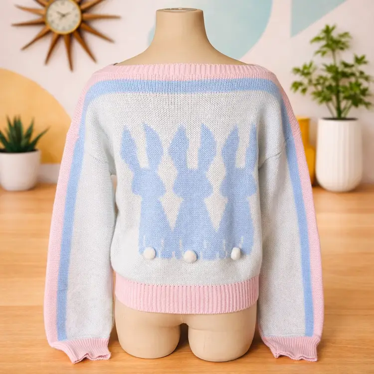 Vintage 1980's Nicolette New York Bunny Rabbit Sweater - Pastel Pink Blue - 3D Pom Tails