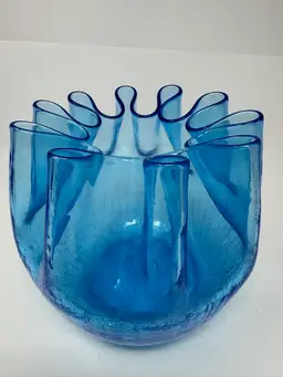 Vintage Hand Blown Pilgrim Art Glass Blue Ruffled Rim Crackle Vase