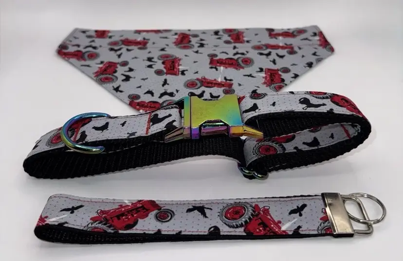 Dog Collar & Bandana Black W/ Farm Tractor Print Large Handmade Heavy Duty NEW