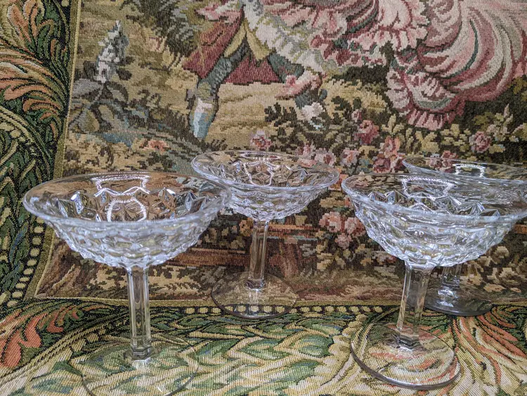 #01 Fostoria American High Sherbet Flared Champagne Glass Set of 4 Cube 4 3/8" tall Elegant Glass Holiday Table Setting Christmas Gift New Years