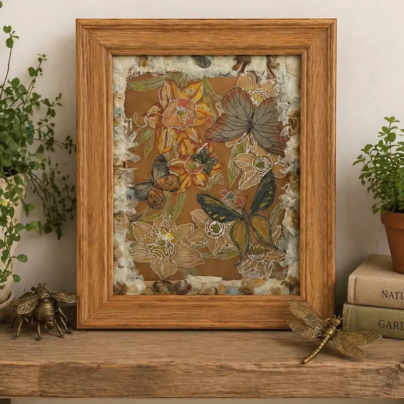 Framed Mixed Media Dried Flower Butterfly Art - 16” X 13”