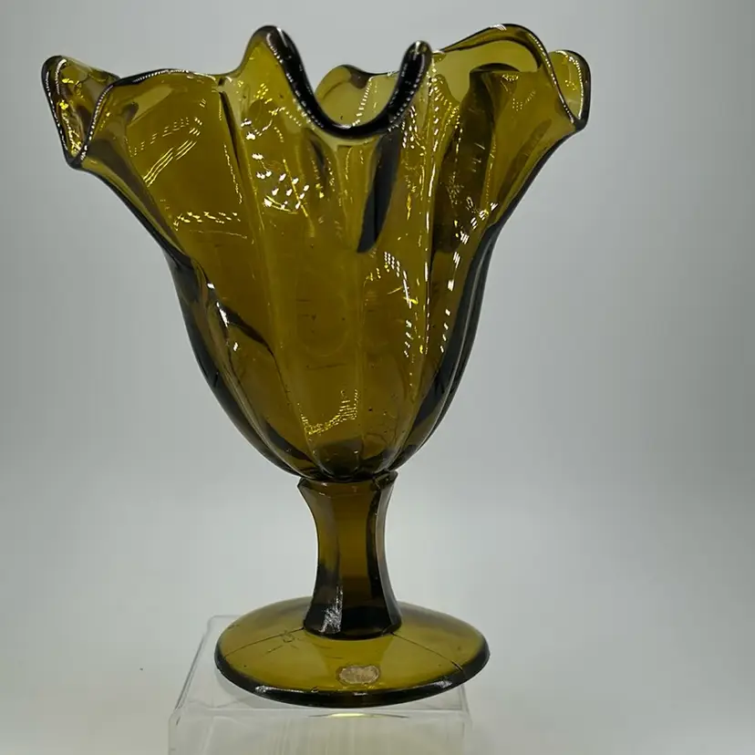 Vintage olive green glass, pedestal, compote or candy dish, ruffled edge, Italy