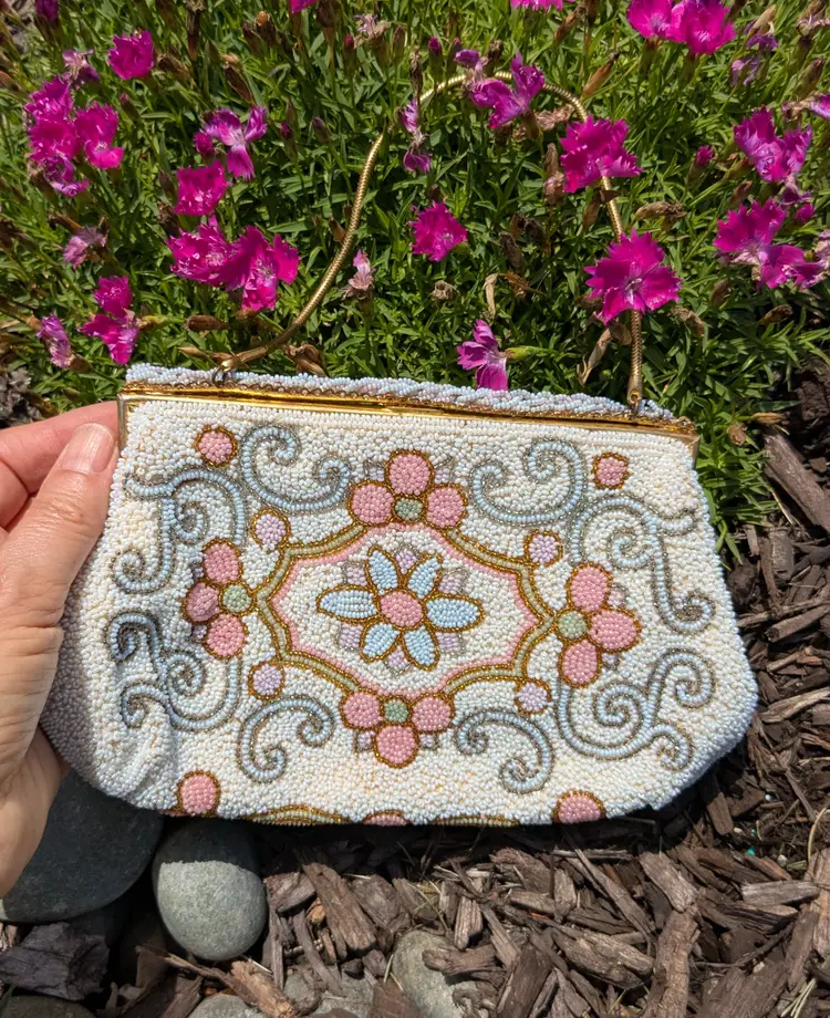 Vintage French Jorelle Bags Hand Beaded Purse in Gold and Pale Tone of Pink, Blue, Green, Lavender and Pearl