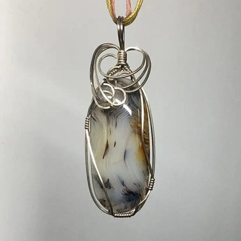 Sterling Silver Wired Wrapped Banded Montana Agate Pendant