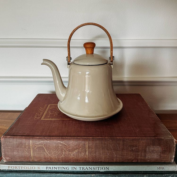 Vintage French Enamel Tea Kettle Wooden Handle