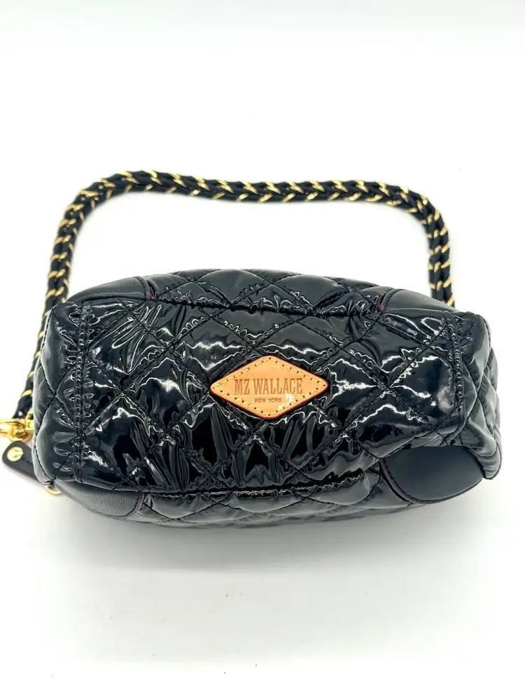 Handbag Designer MZ WALLACE Black Patent Leather 
Micro Quilted Sling Crossbody 8”W