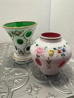 Vintage Pair Czech Bohemian Glass Cased White Overlay Cut to Cranberry 4” &cut to emerald green 6” VASES