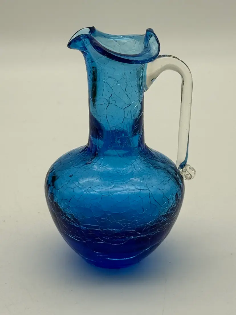 20. Blue Crackle Glass Mini Pitcher with Clear Handle