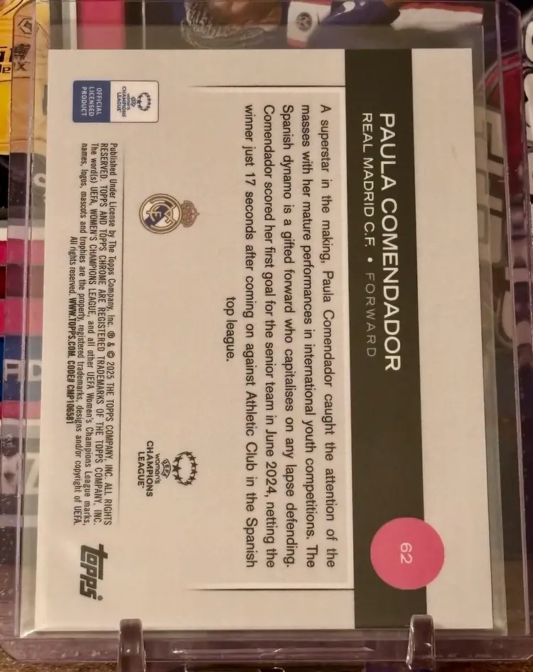 Paula Comendador 2024/25 Topps Chrome UWCL Pink Wave /250 Real Madrid Spain Rookie Soccer Card