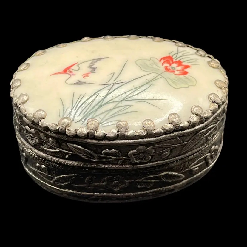 Chinese Porcelain Shard Box Red-Crowned Crane Lotus Flower w Mirror Trinket Box