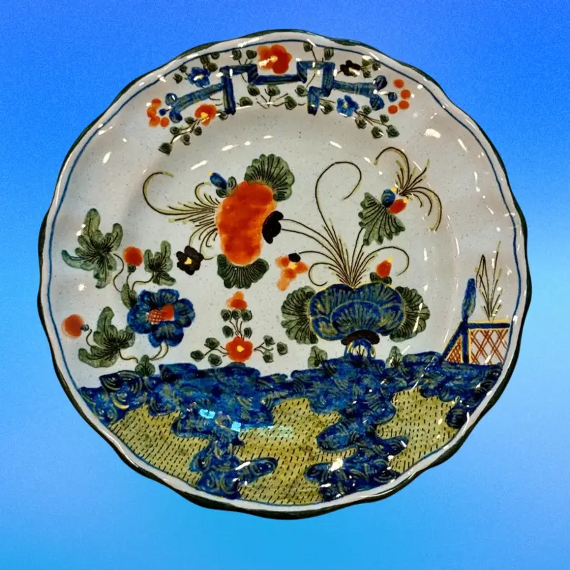 Vintage Painted, Circa 1970's Blue Carnation, Majolica Plate, Italian Faience Hand-Painted 8.5”