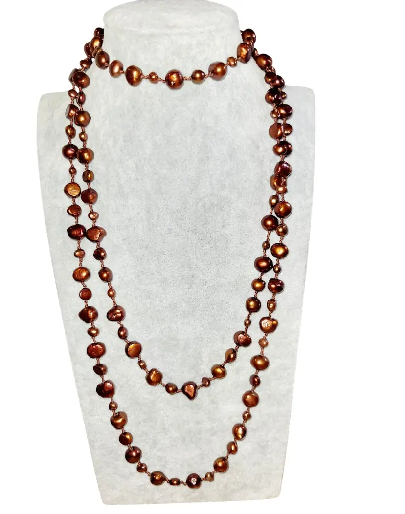 42" Long Baroque Pearl Necklace Ardent Chocolate Brown Hand Knotted