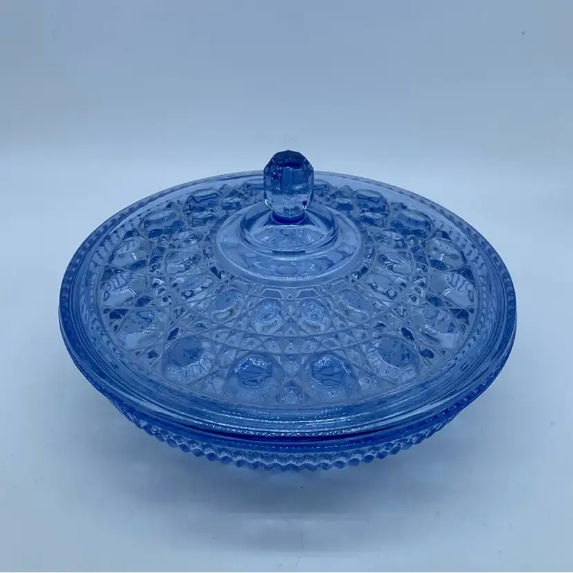 #0207 Blue glass candy dish with lid in Indiana Glass Windsor Button & Cane pattern