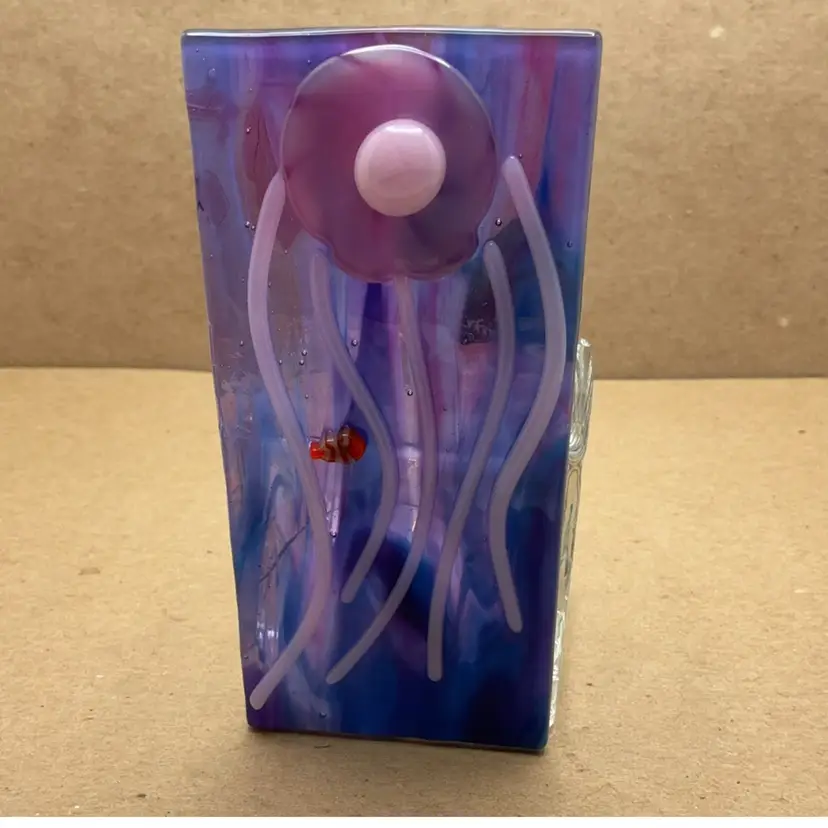 Made by Me! Fused Glass Tea Light 3D Jellyfish with Nemo 4" x 2" x 2" Studio Art Handmade