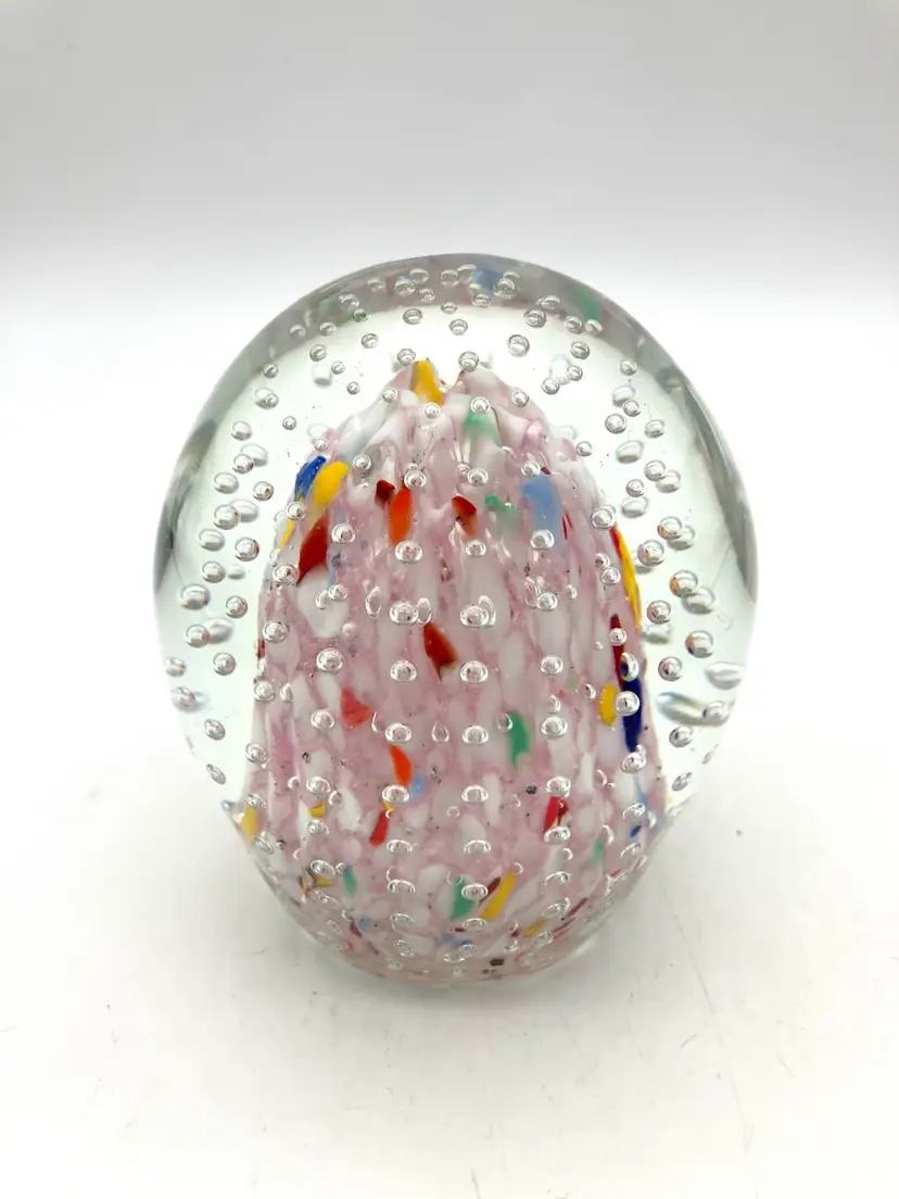 08 - Vintage Gentile Art Glass Pink Controlled Bubble And Frit Paperweight
