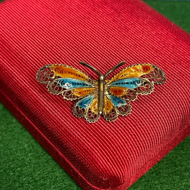 Enameled 800 Silver Filigree Butterfly Brooch Pin Orange Amber & Blue