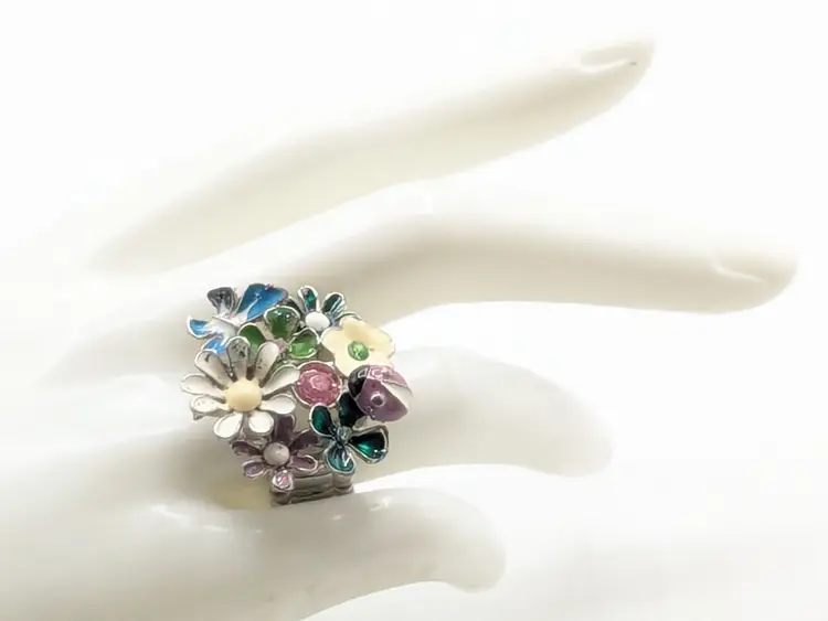 Colorful Enamel Flower and Ladybug Stretch Silver Tone Ring