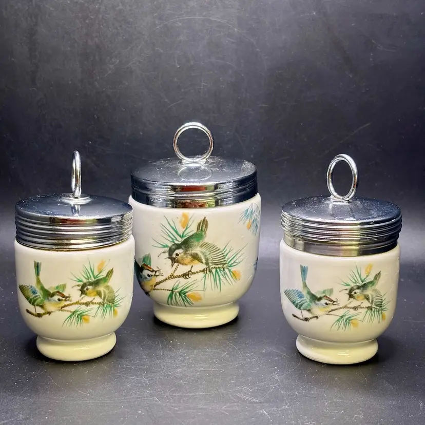 Set of 3 Royal Worcester Woodland Birds Floral Porcelain Egg Coddler Cups