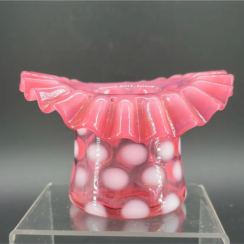 VINTAGE FENTON CRANBERRY COIN DOT RUFFLED TOP HAT VASE 2.5"