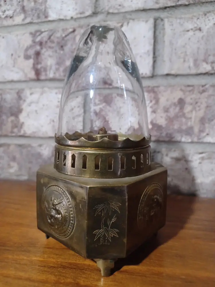 Antique Chinese Opium-Style Lamp Brass Base Clear Glass Dome Made in Hong Kong