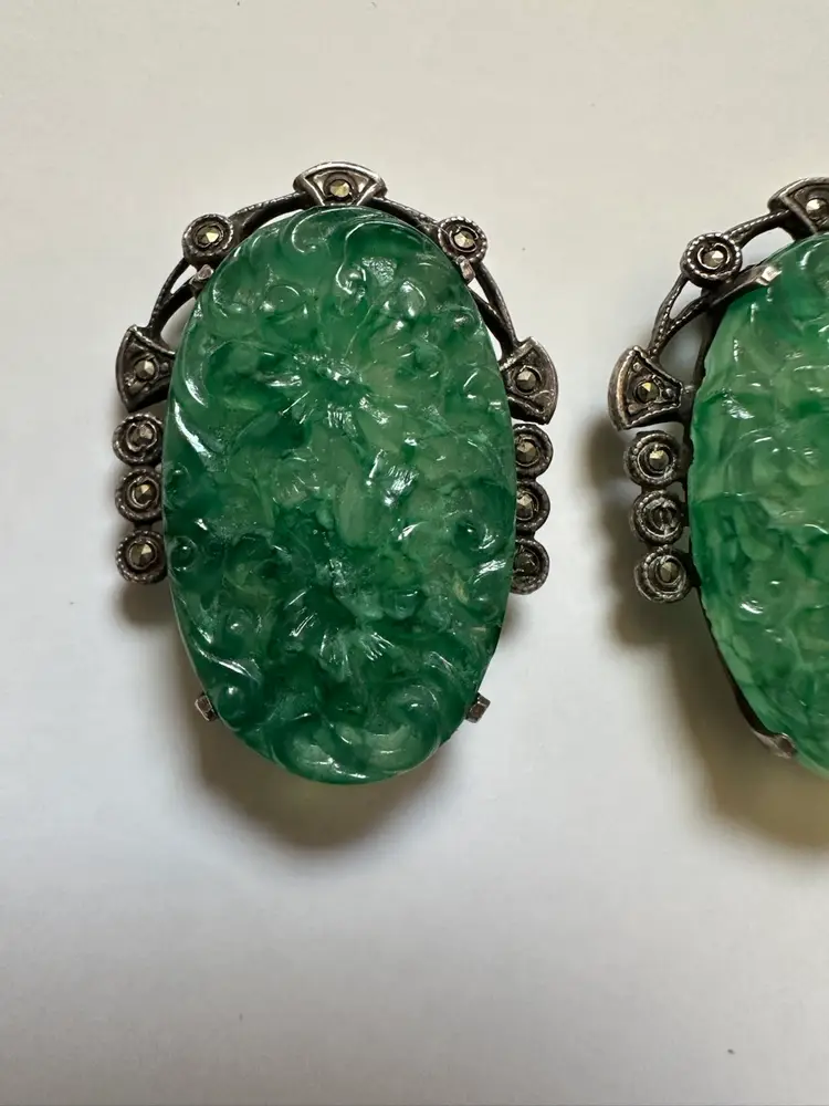Art Deco Dress Clips Sterling Silver, Marcasite & Molded Green Glass
