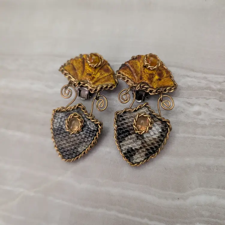 Vintage Clip On Earrings Extra Large Stunning Statement Brown & Amber Tones