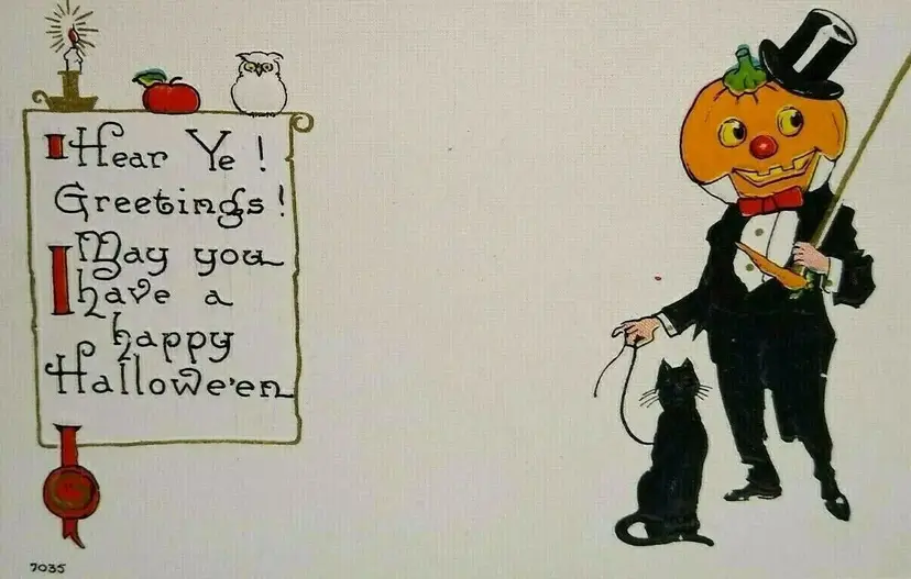 Halloween Fantasy Postcard Tuxedo Goblin Man Black Cat Bergman 7035 Unused