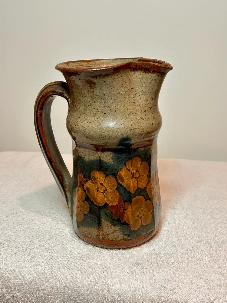 Signed Stoneware Pottery Pitcher Speckled Glaze Earth Tone Colors Mary Humphrey