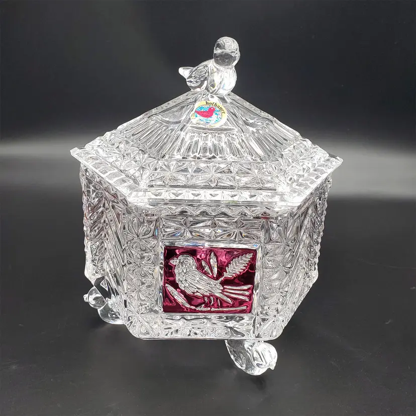 Discontinued Hofbauer "Byrdes Collection" Crystal Hexagonal Candy Dish Etched Birds, Ruby Red Lidded & Footed, Germany