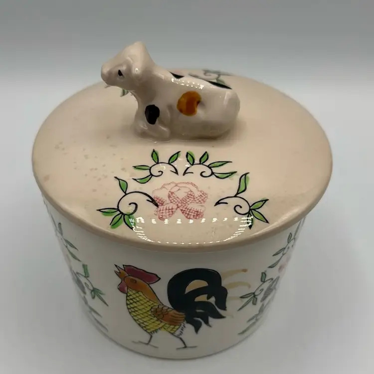 Vintage Kitchen Canister Rooster Cow Top Handle