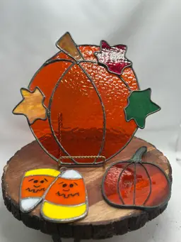 Stained Glass Pumpkins Candy Corn Suncatchers Fall Halloween Window Decor