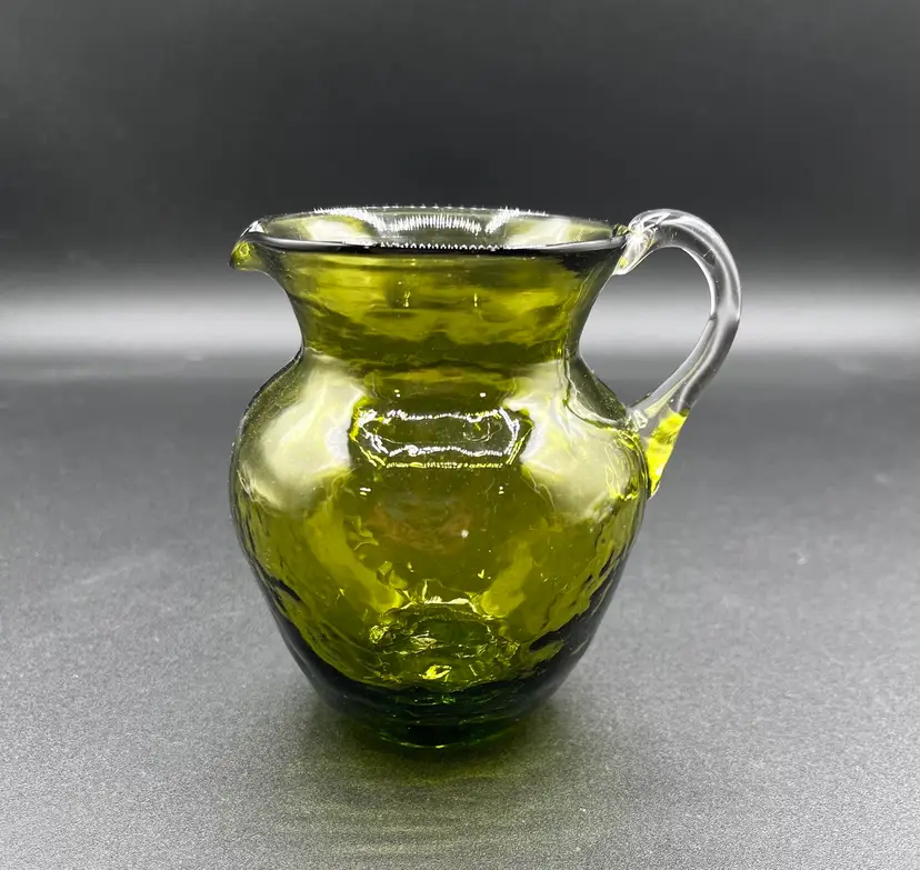 Hand Blown Avocado Olive Art Glass Pitcher With Applied Handle 🫒