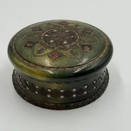 Vintage Poland Hand Carved & Lacquered Round Wooden Trinket Jewelry Vanity Box
