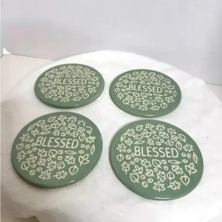 Set of 4 Sage Green Ceramic “Blessed” Coasters by Holiday Home. “Harvest” (A)