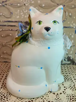 Signed Vintage Large Ceramic Sitting Cat Figurine Blue & White w/ Floral Accent