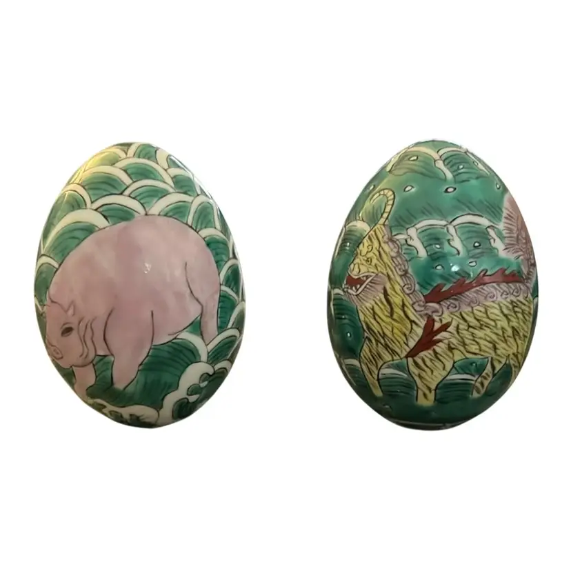 Vintage Set of Hand Painted Asian Ceramic Cloisonné Style Eggs Hippo Dinosaur